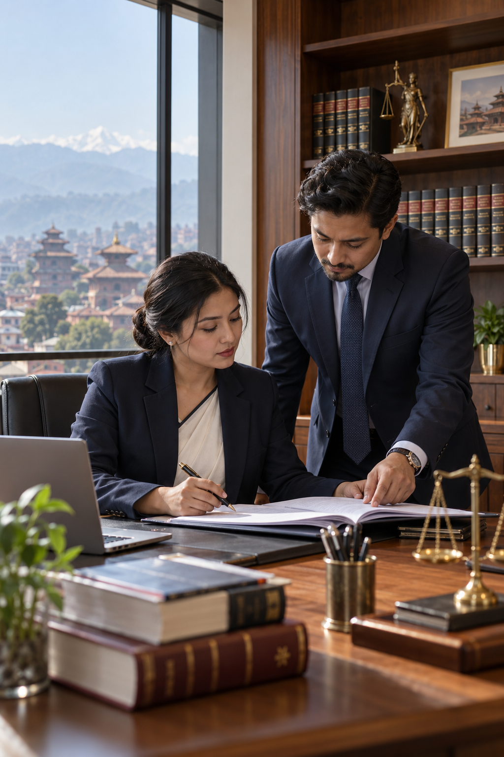 Fictional advocates reviewing a legal document